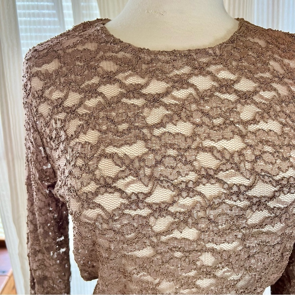 Vintage Casual Corner Tan Lace/Mesh Long Sleeve Top -Size L -TP40